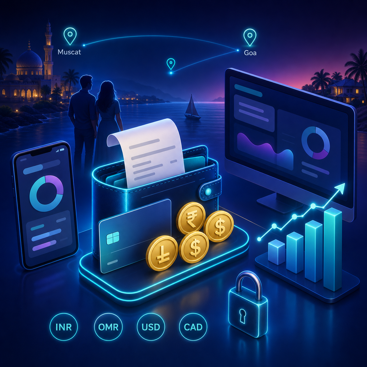 Illustration of a glowing digital wallet with receipts, charts and multi-currency badges